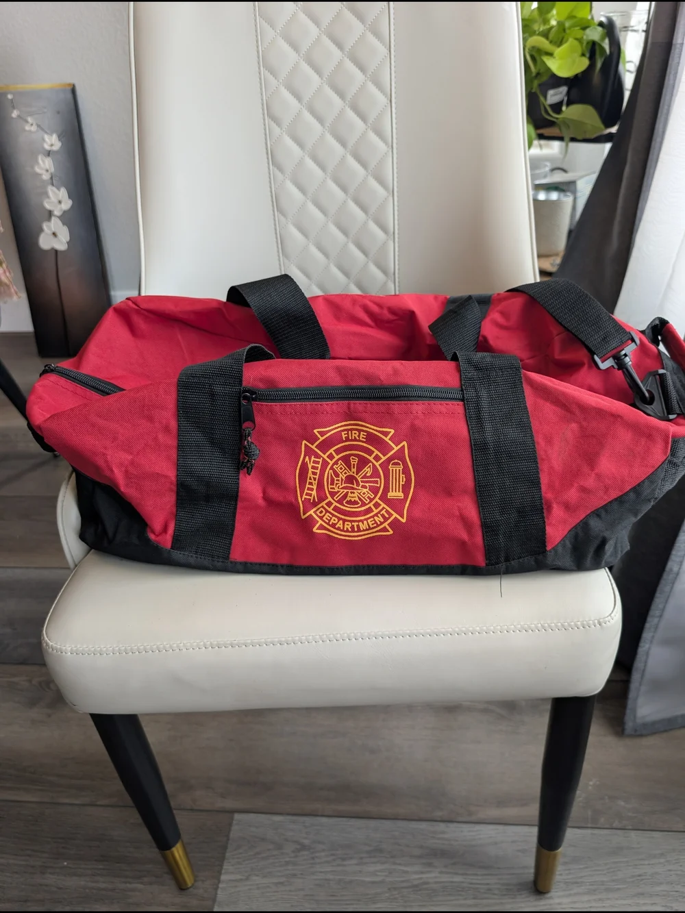 Red Fire Department Duffel Gym Bag with Black Accents